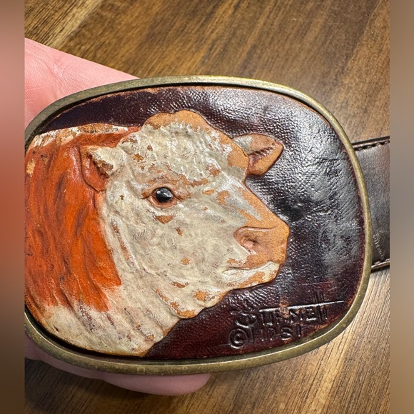 Vintage Accessories - Vintage Brass and Leather Cow Buckle Belt 1981